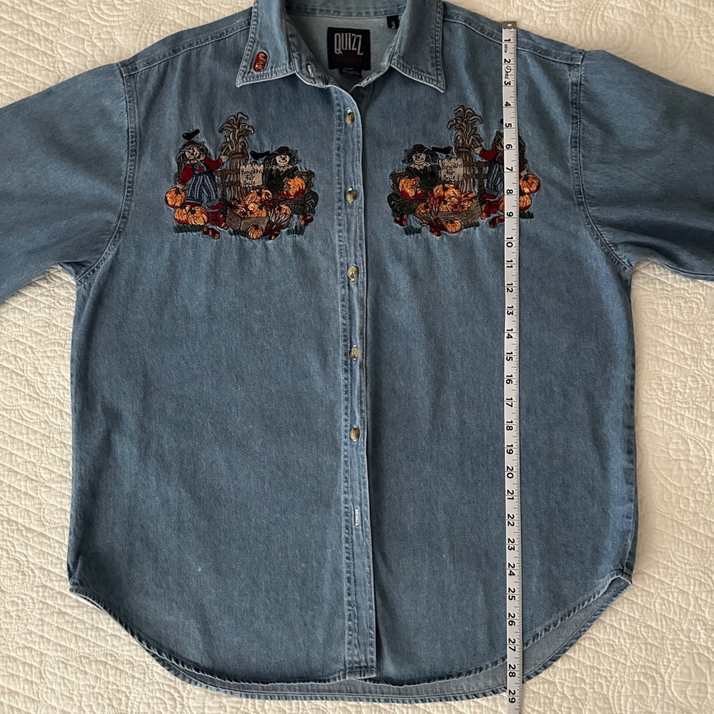 Quizz Women’s Vintage Denim Button Down Shirt Fall Pumpkin Harvest Embroidered - Picture 9 of 10